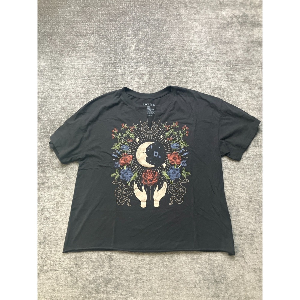 Awake T-Shirt Womens 2XL Black Cotton Celestial Moon Floral Casual Short Sleeve